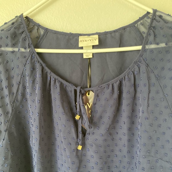 Ava & Viv Womens Top 1X Oxford Blue Sheer Lace Flowy Long Sleeve Tie Neck NWT - Picture 3 of 6